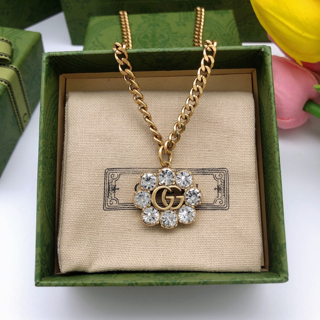18K Double Gucci Flower Crystals Necklace