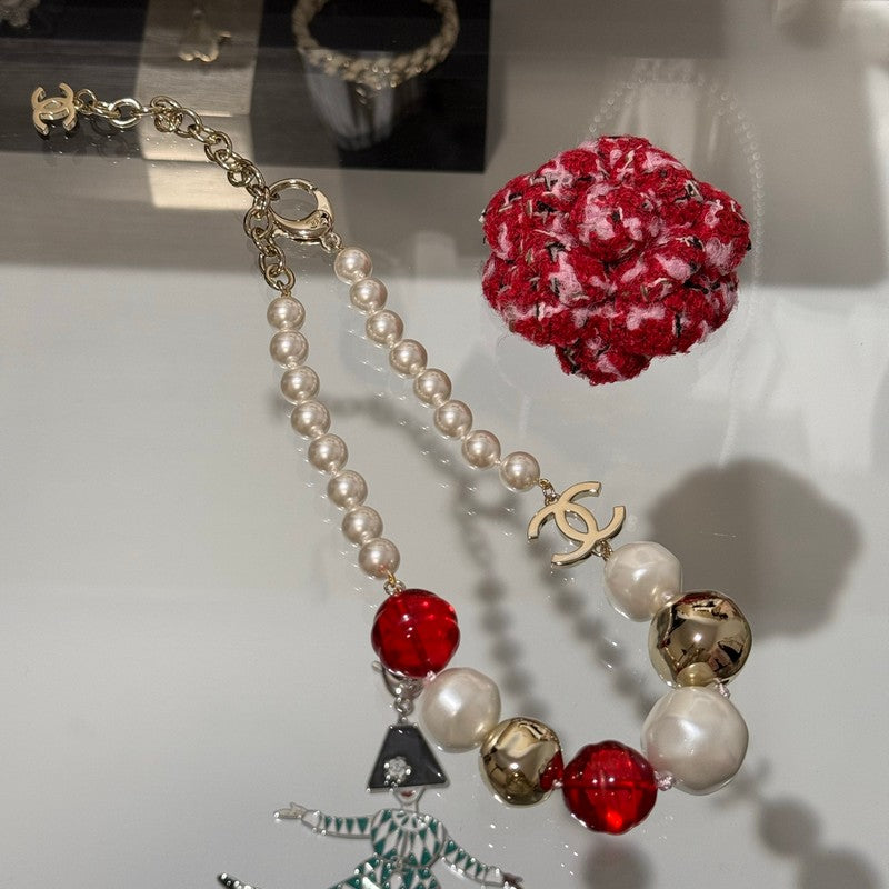 18K  Chanel Red Crystal Pearl Choker Necklace