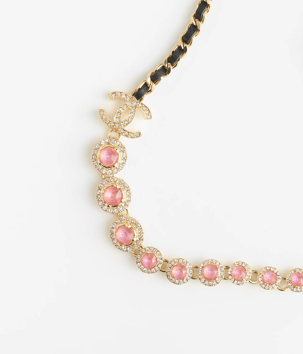 18K  Chanel Pink Crystals Leather Necklace