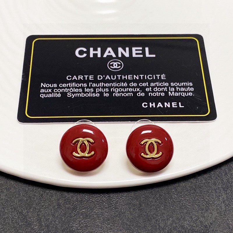 18K  Chanel Wine Red Round Earrings