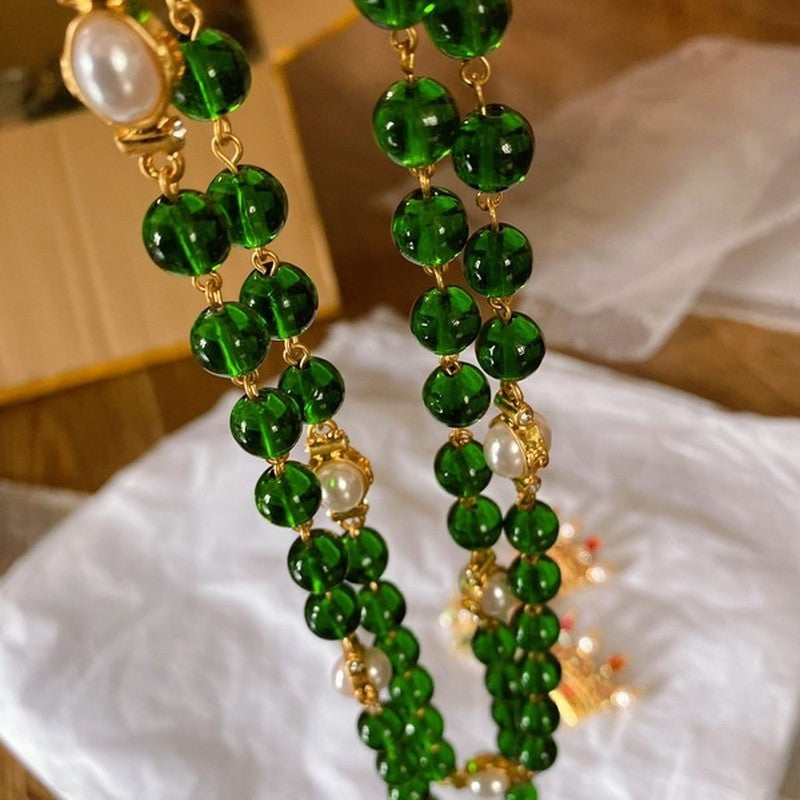 18K  Chanel Long Green & White Pearls Necklace