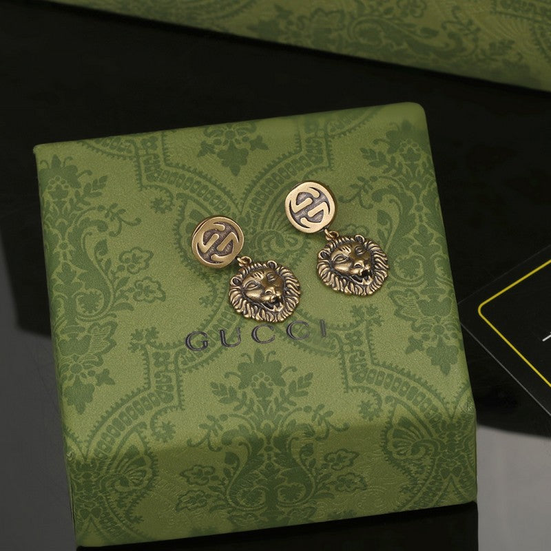 18K Double Gucci Lion Pendant Earrings