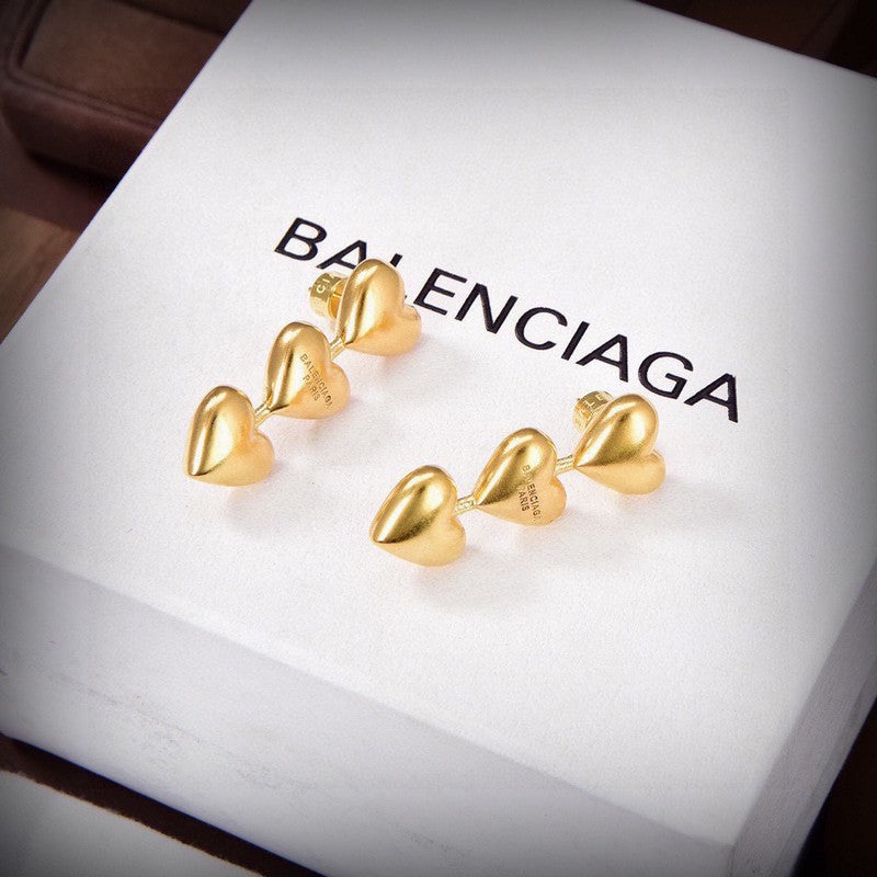 18K Balenciaga Three Heart Gold Earrings