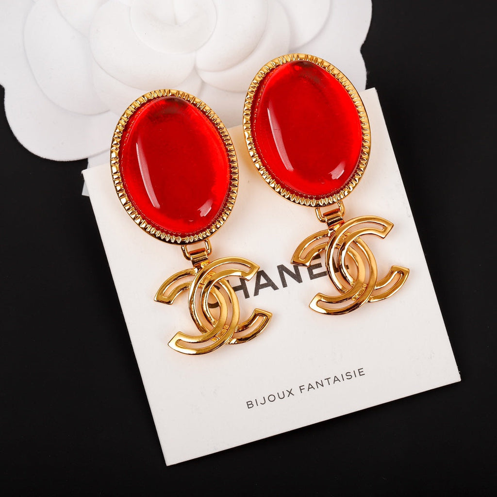 18K  Chanel Red Crystal Pendant Earrings
