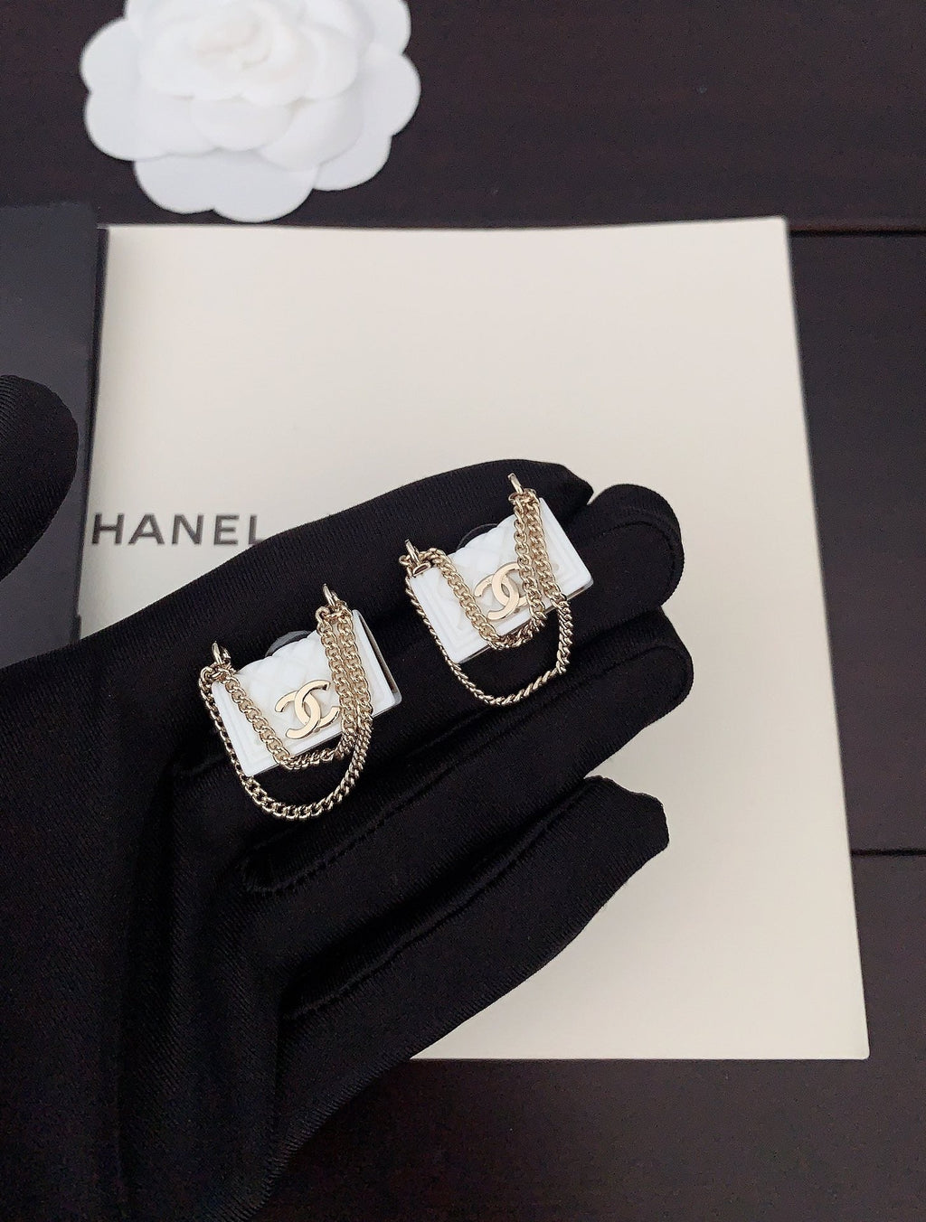 18K  Chanel White Bag Earrings
