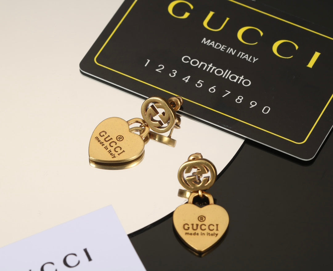 18K Double Gucci Heart Pendant Earrings