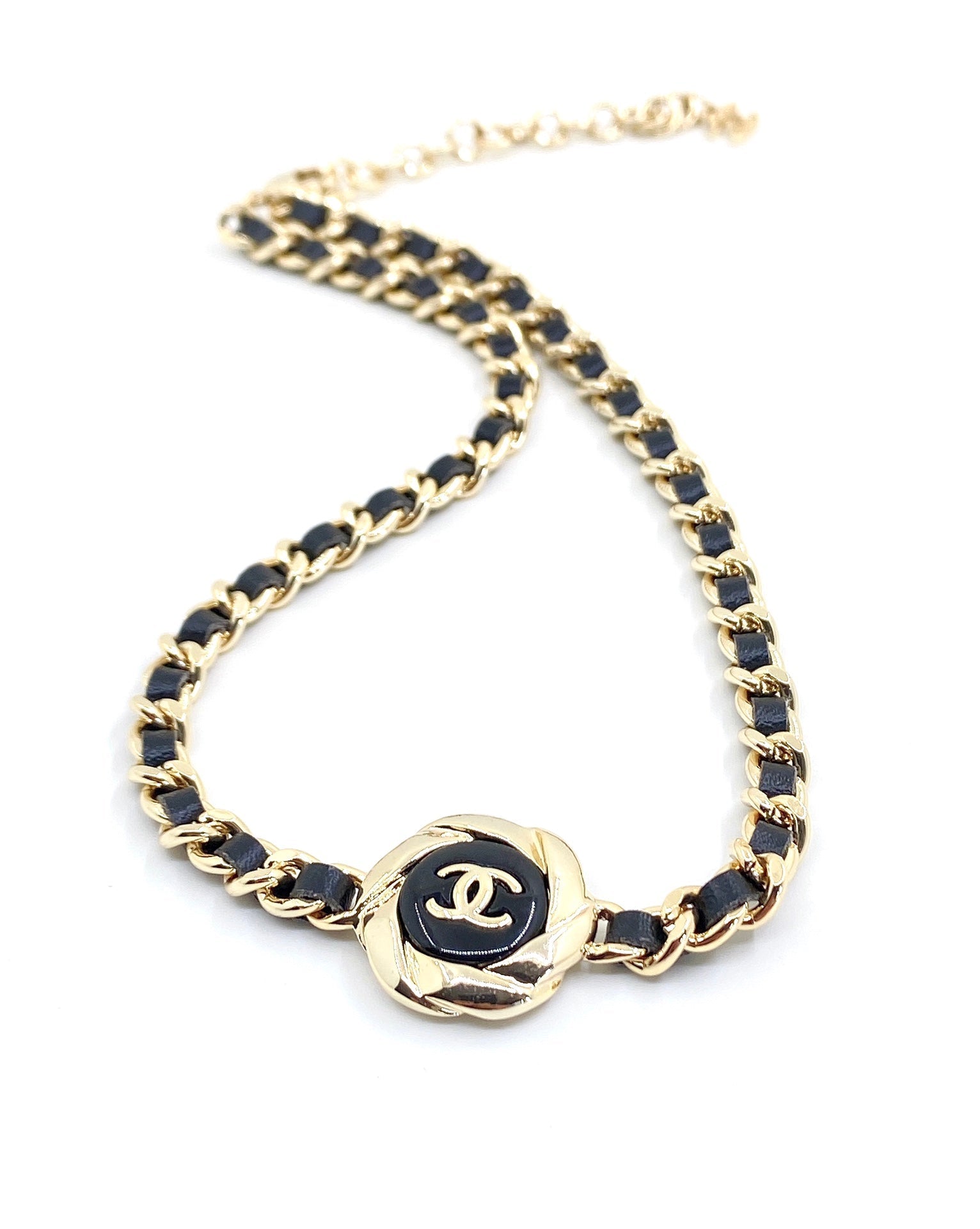 18K  Chanel Rhinestone Leather Choker Necklace