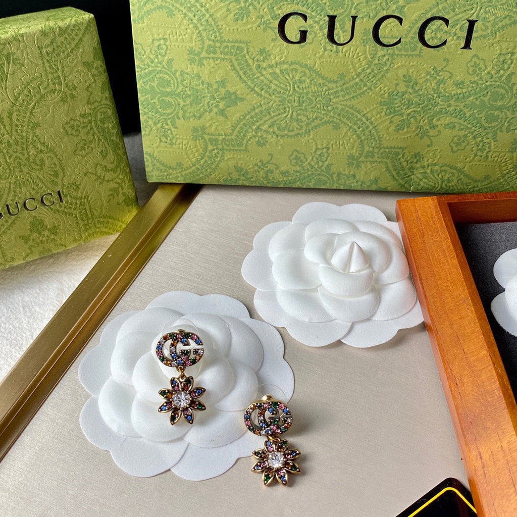 18K Double Gucci Flower Pendant Earrings