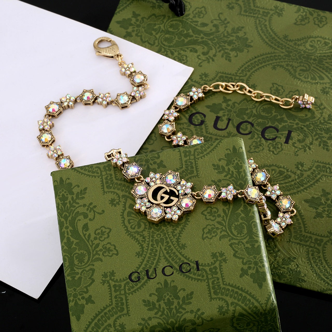 18K Double Gucci Crystals Chain Choker Necklace