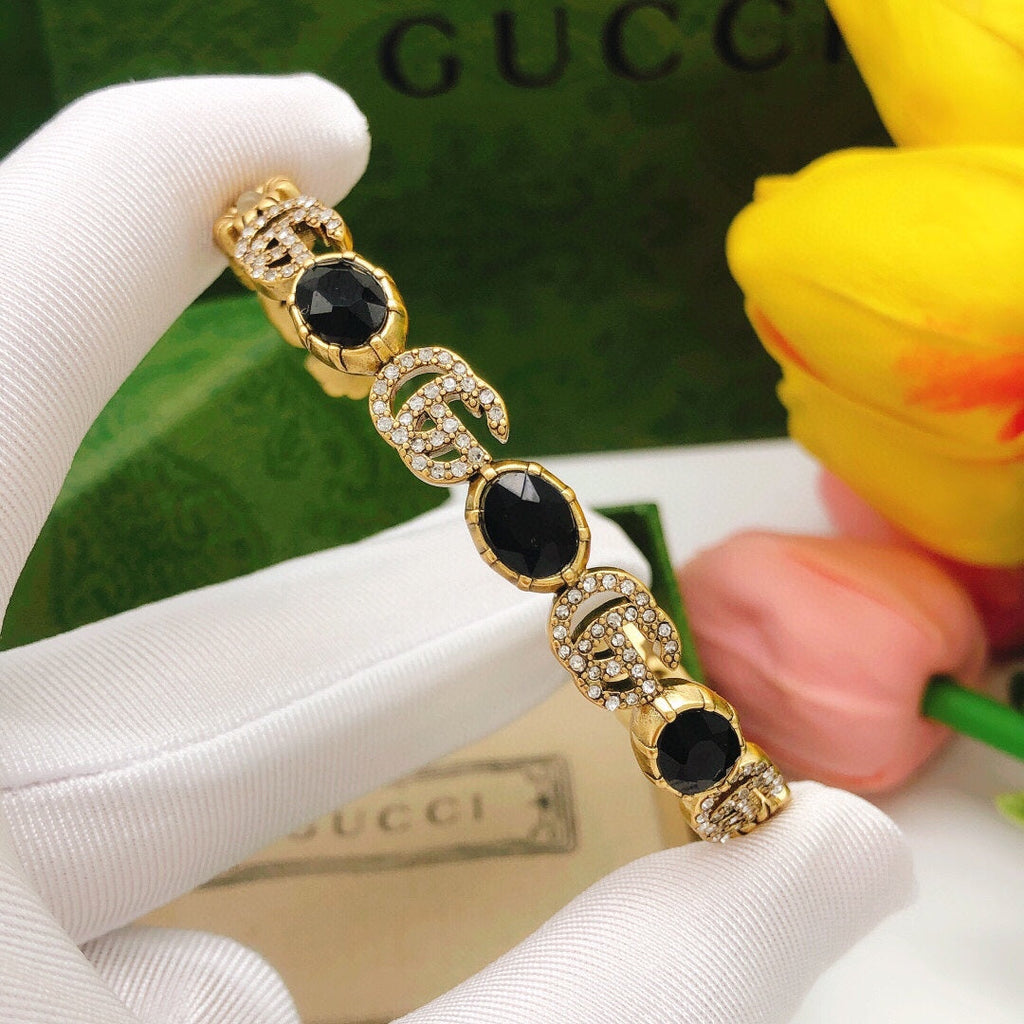18K Double Gucci Flowers Black Crystals Open Cuff Bracelet