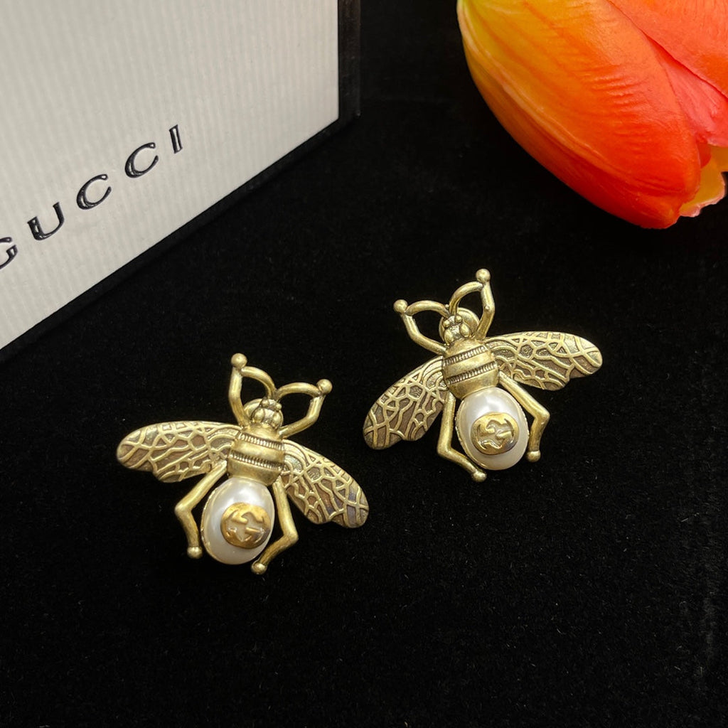 18K Double Gucci Bee Pearl Earrings