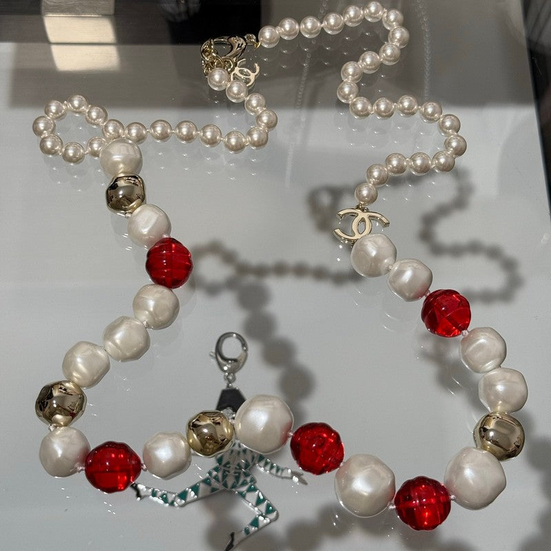 18K  Chanel Red Crystal Pearl Necklace
