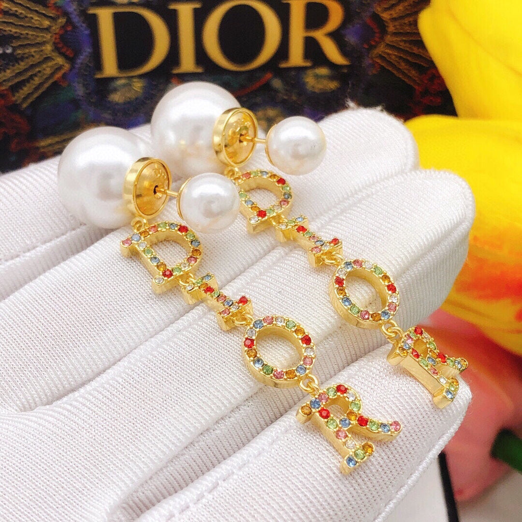 18K Dior Color Crystal Script Earrings