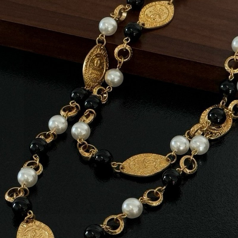 18K  Chanel Long Black & White Pearls Necklace