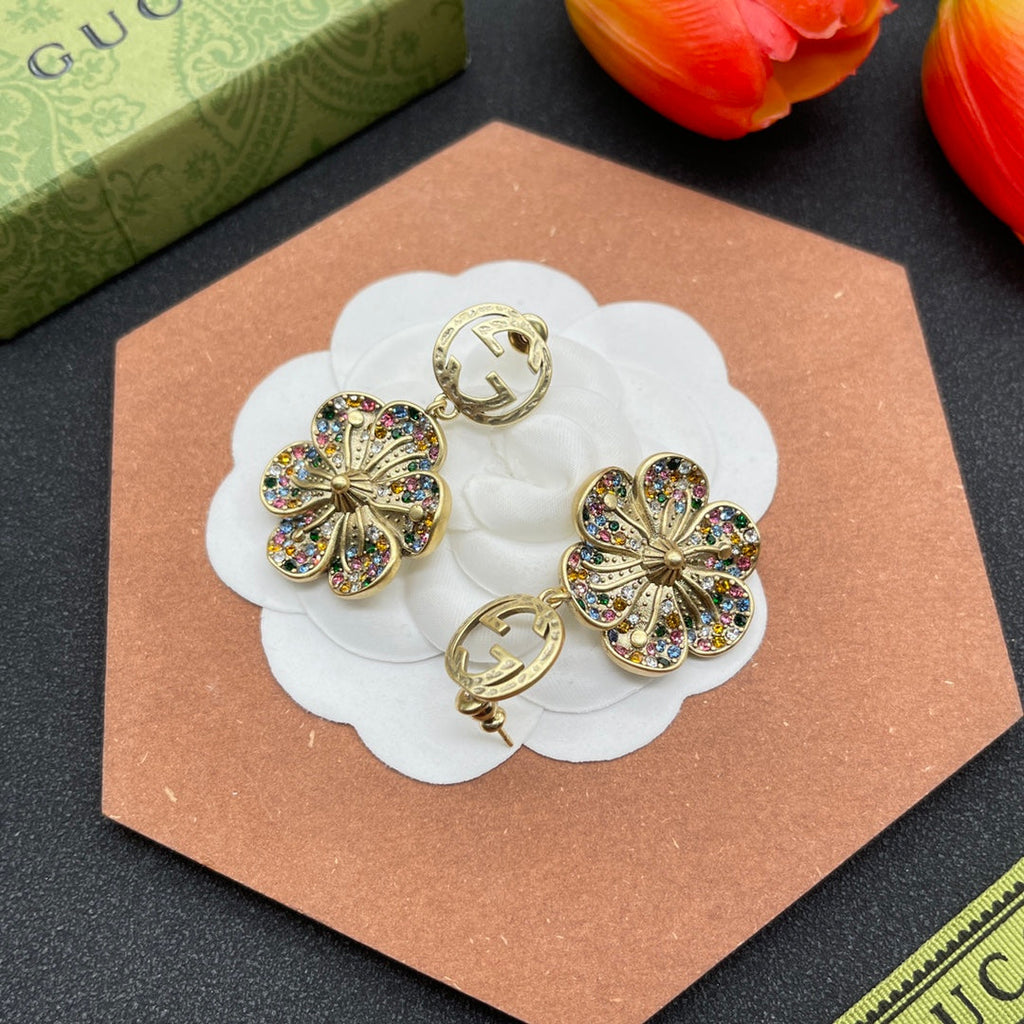 18K Double Gucci Color Crystals Flower Earrings