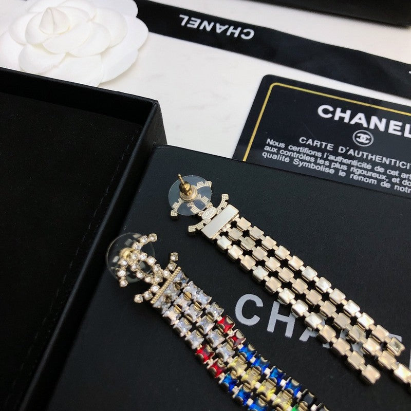 18K  Chanel Long Tassel Color Crystal Earrings
