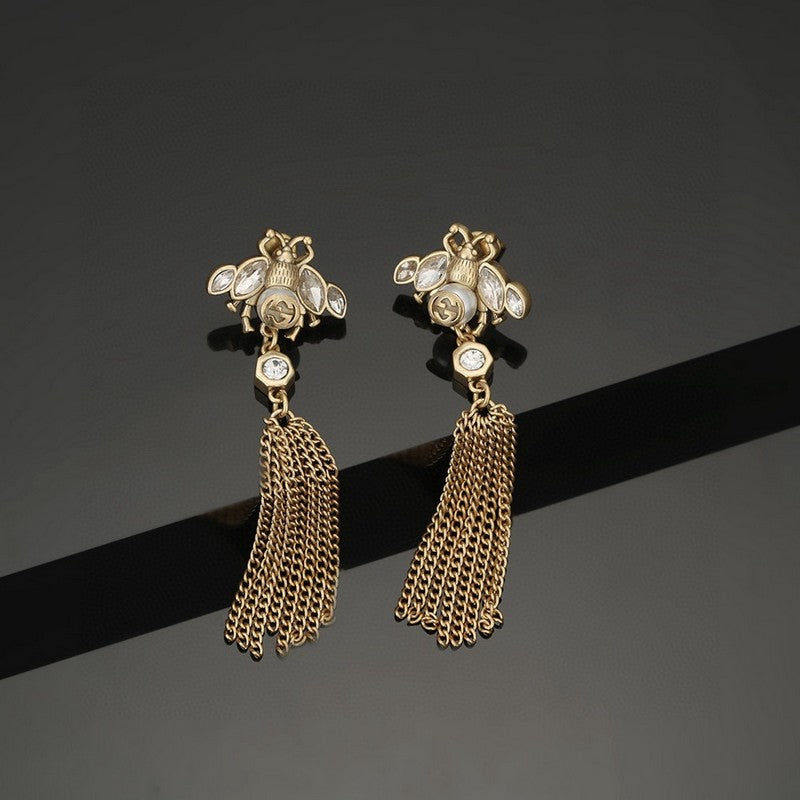 18K Double Gucci Bee Tassel Crystal Earrings