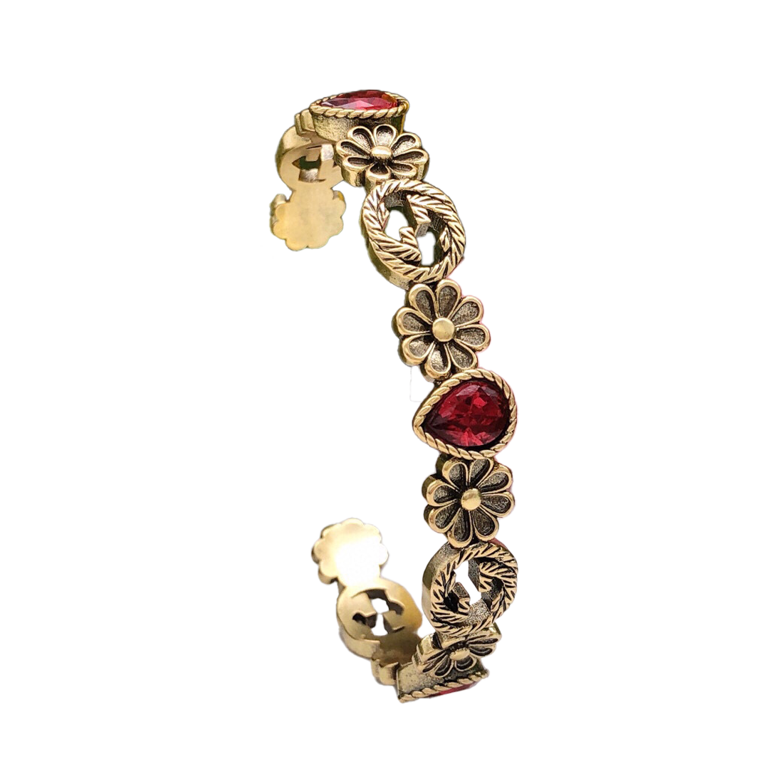 18K Double Gucci Flowers Red Crystals Open Cuff Bracelet