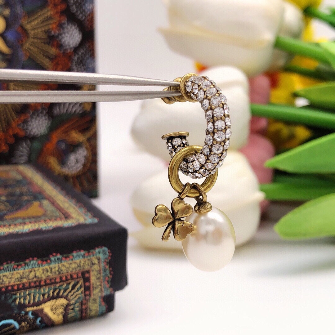 18K Dior March Grass Pearl Crystals Earrings