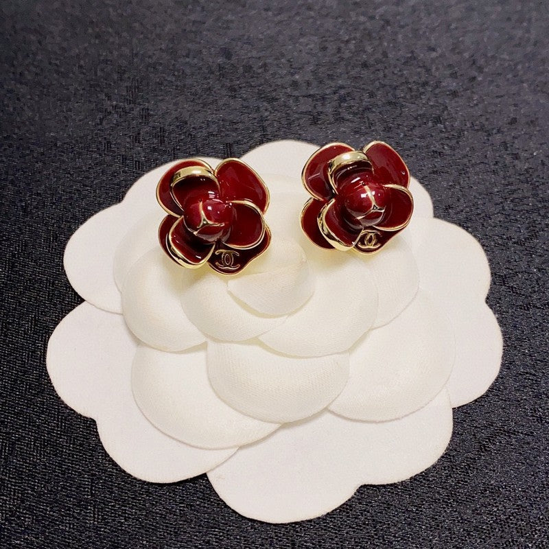 18K  Chanel Red & Pink Camellia Earrings