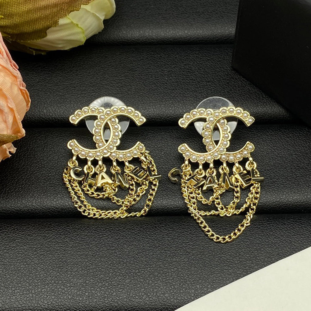 18K  Chanel Pearl Chain Link Earrings