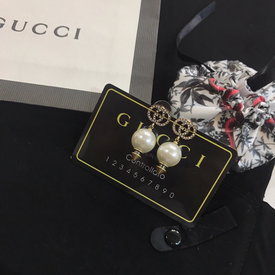 18K Double Gucci Pearl Pendant Earrings
