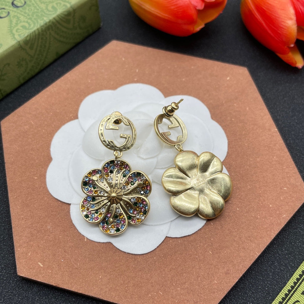 18K Double Gucci Color Crystals Flower Earrings