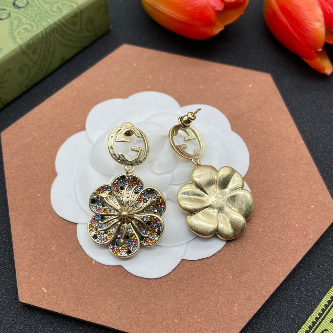 18K Double Gucci Color Crystals Flower Earrings