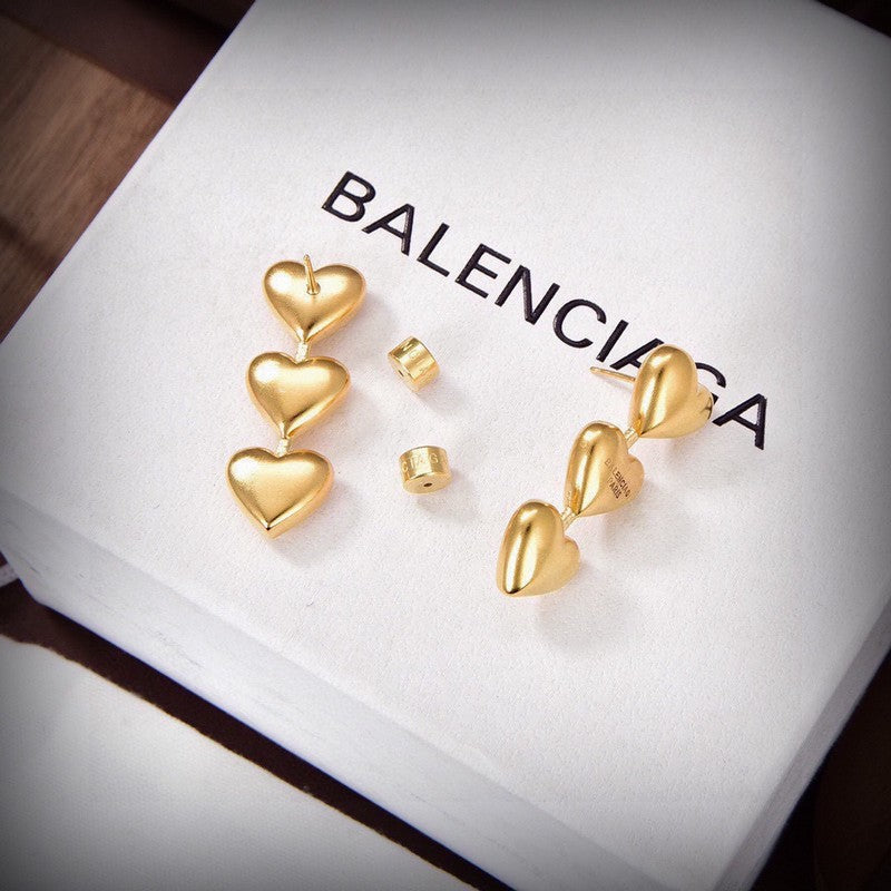 18K Balenciaga Three Heart Gold Earrings