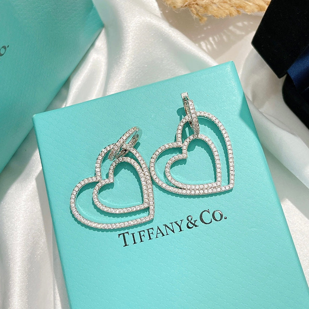 18K Tiffany Double Heart Diamond Earrings