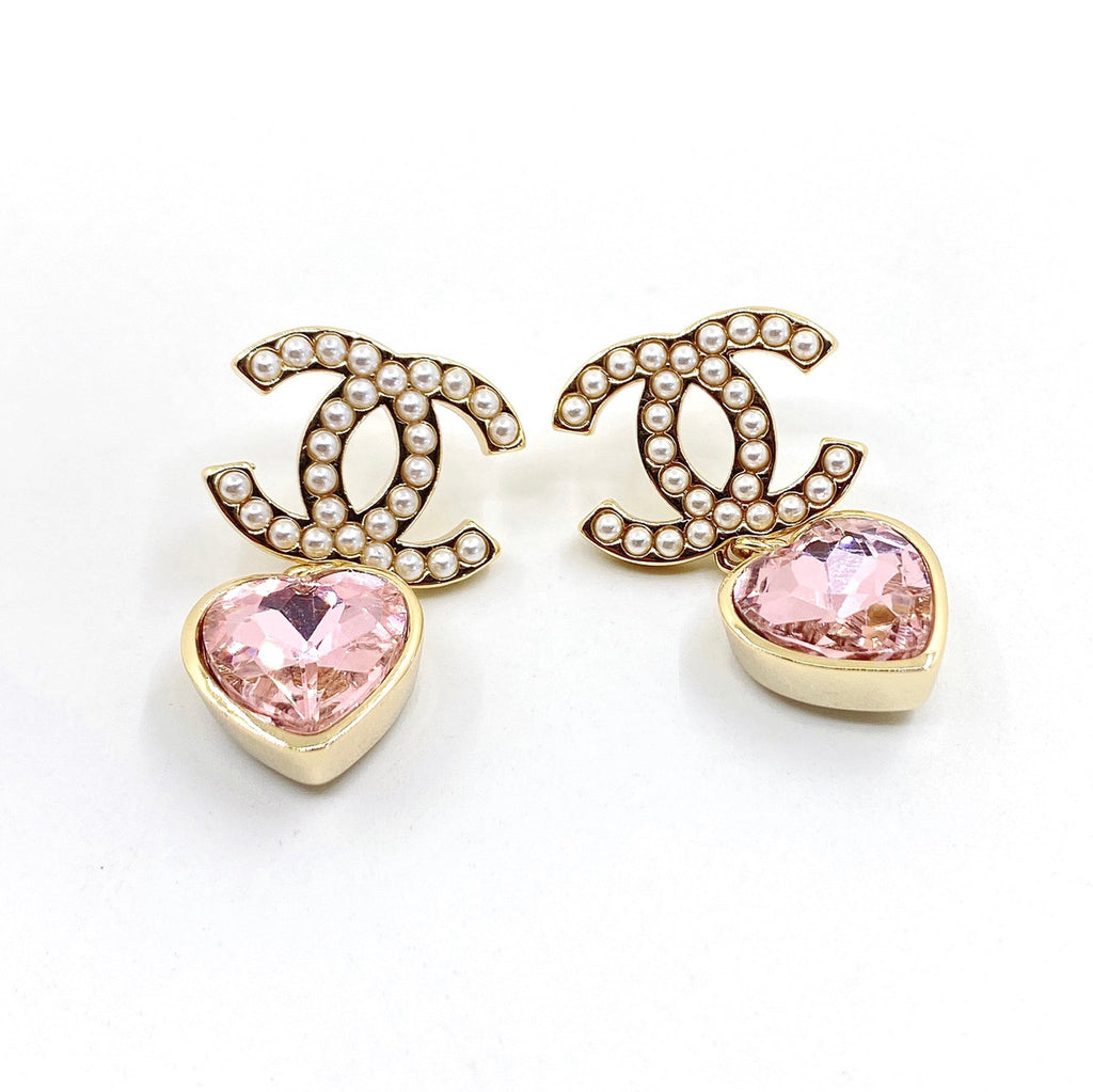 18K  Chanel Pink Heart Crystal Earrings
