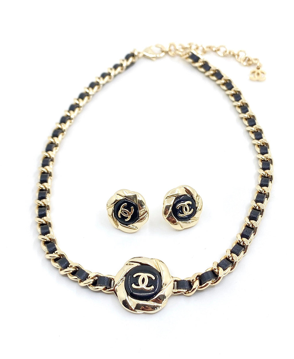 18K  Chanel Rhinestone Leather Choker Necklace