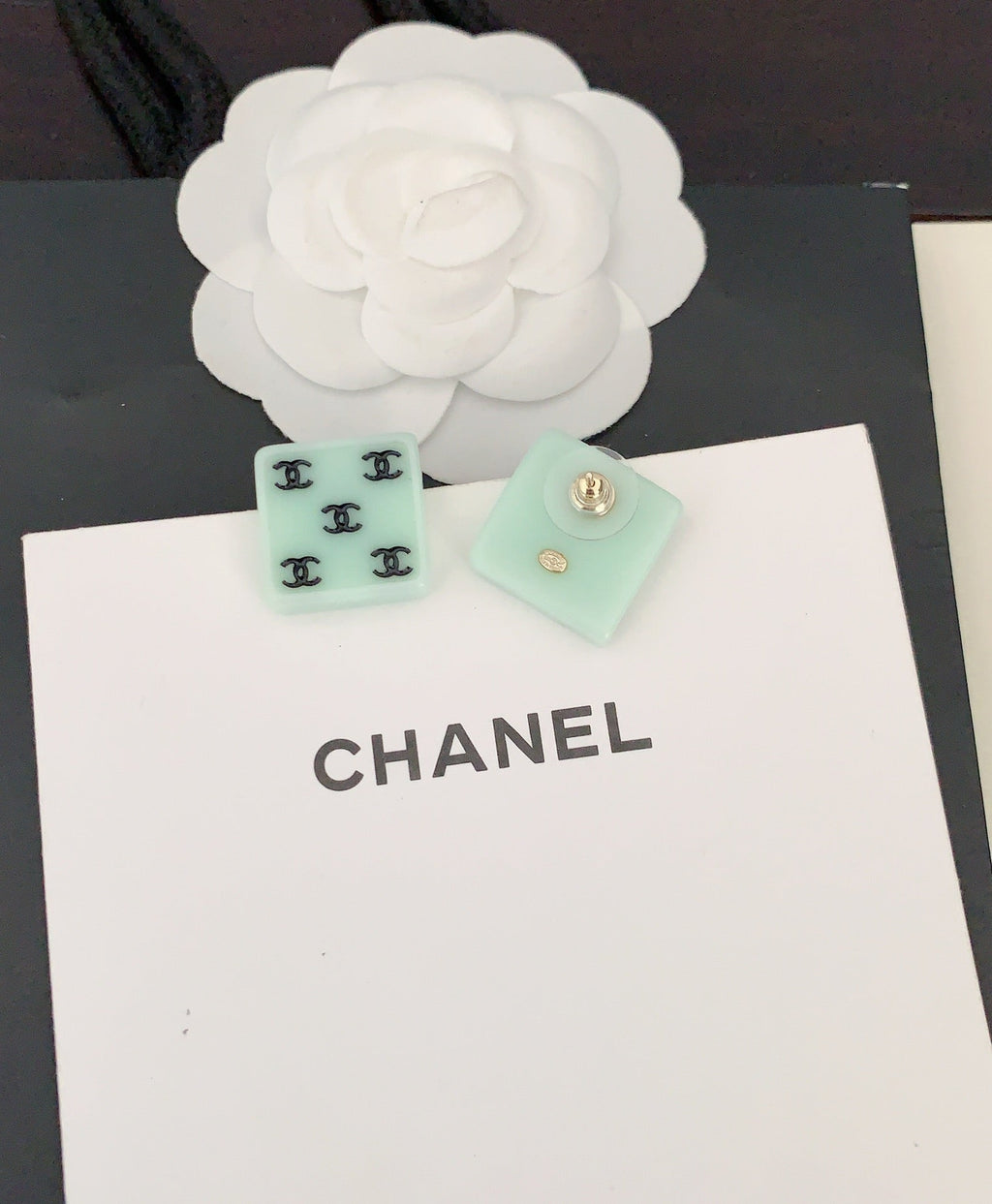 18K  Chanel Green Resin Earrings