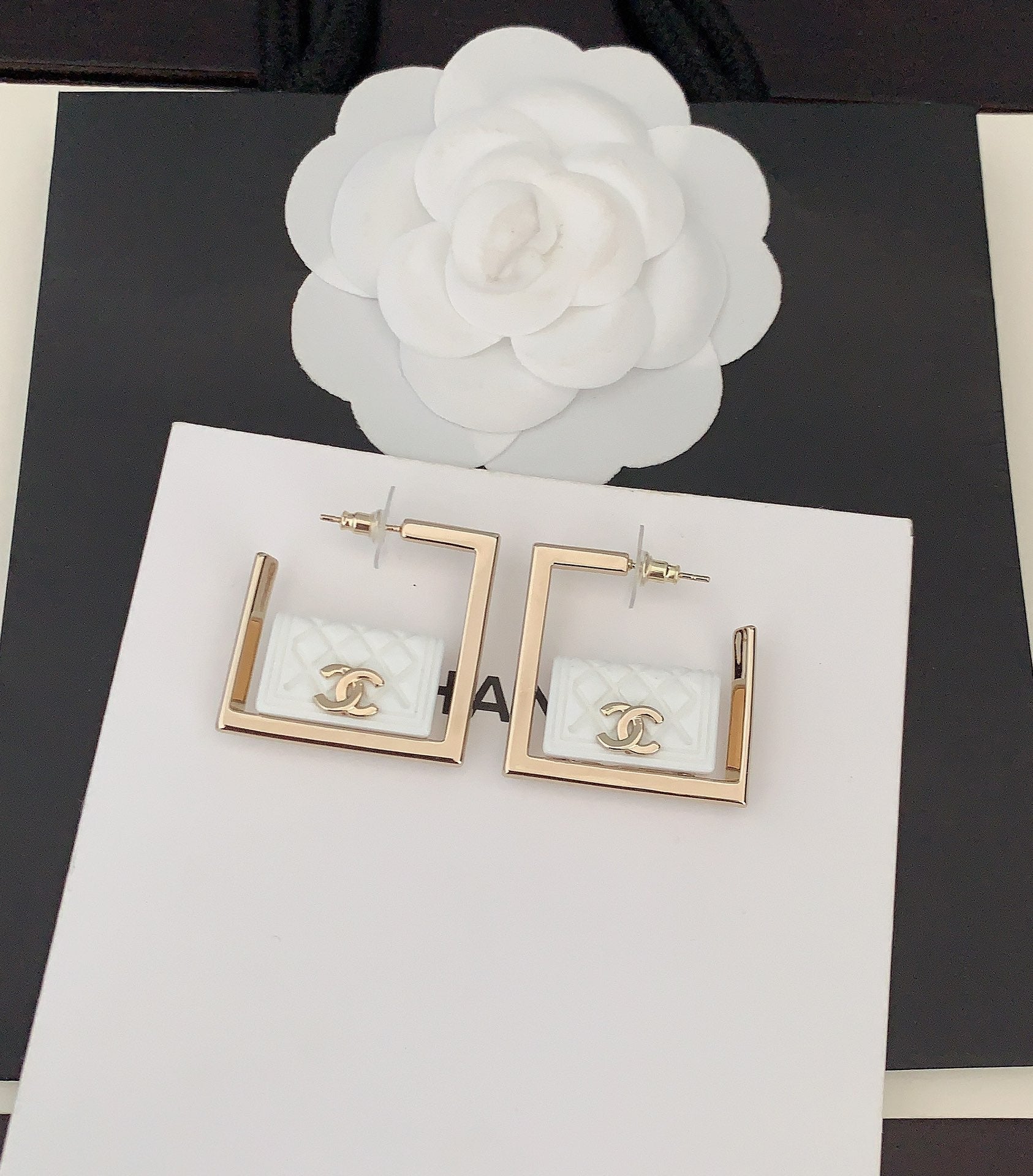 18K  Chanel White Bag Pendant Earrings