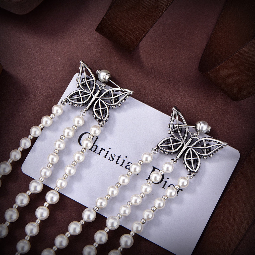 18K Dior Pearls Tassel Long Earrings
