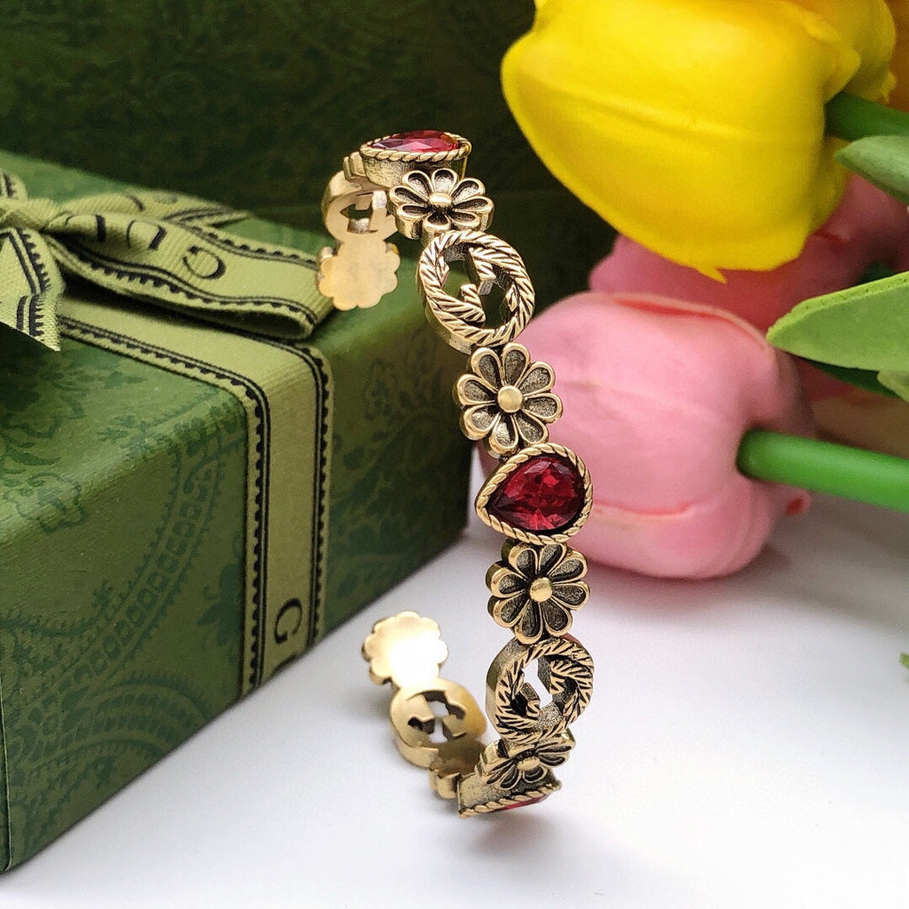 18K Double Gucci Flowers Red Crystals Open Cuff Bracelet