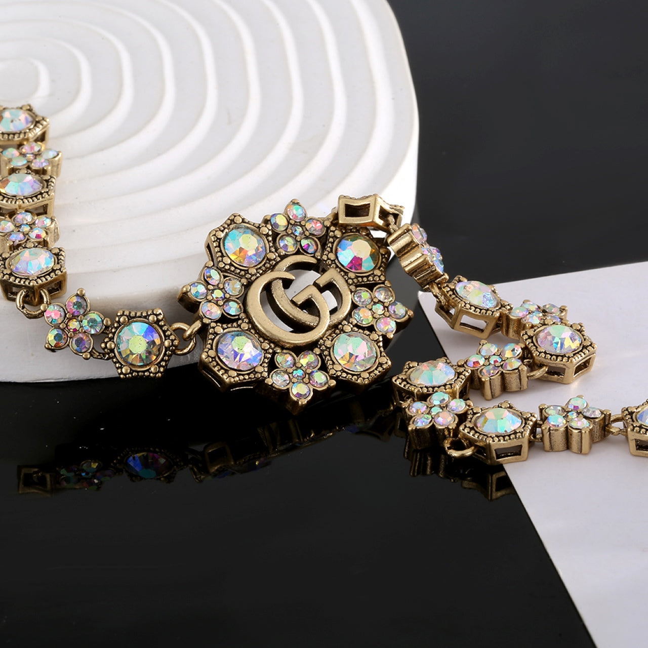 18K Double Gucci Crystals Chain Choker Necklace