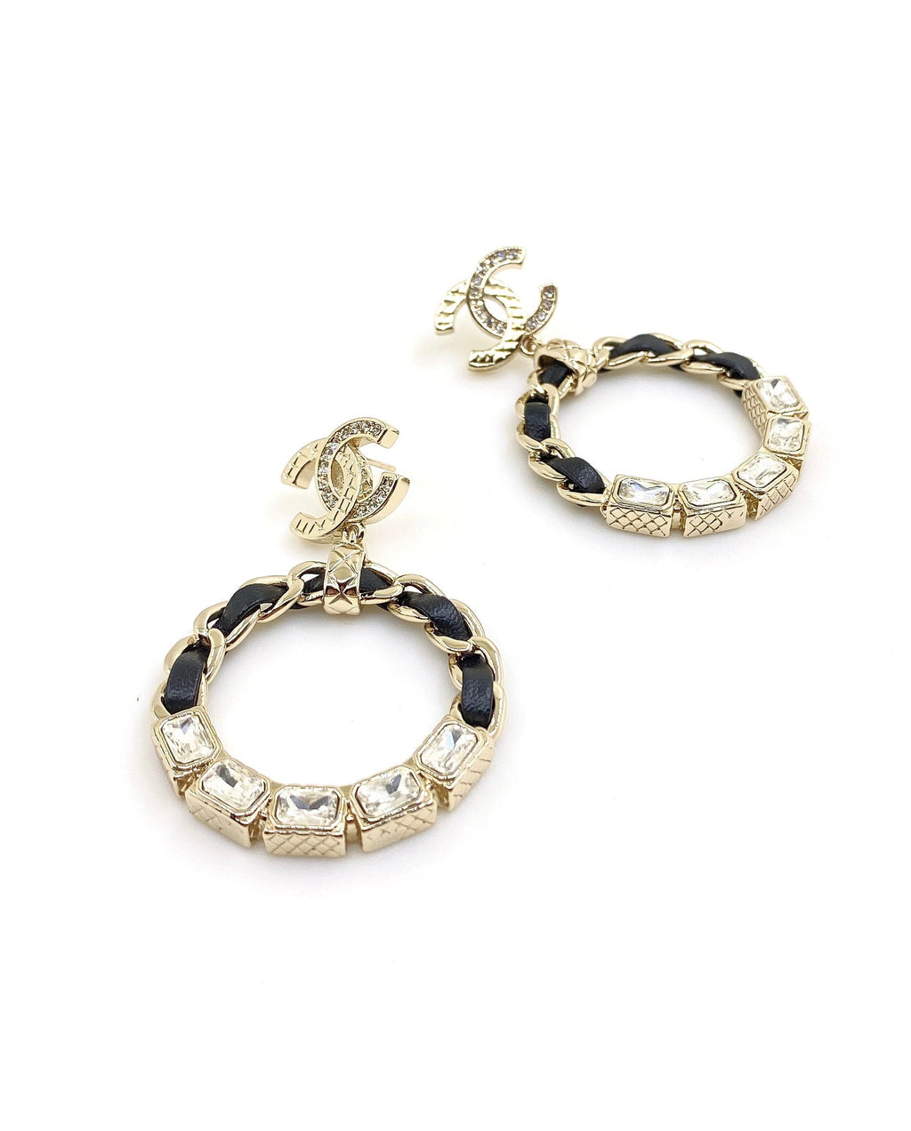 18K  Chanel Leather Cricle Earrings