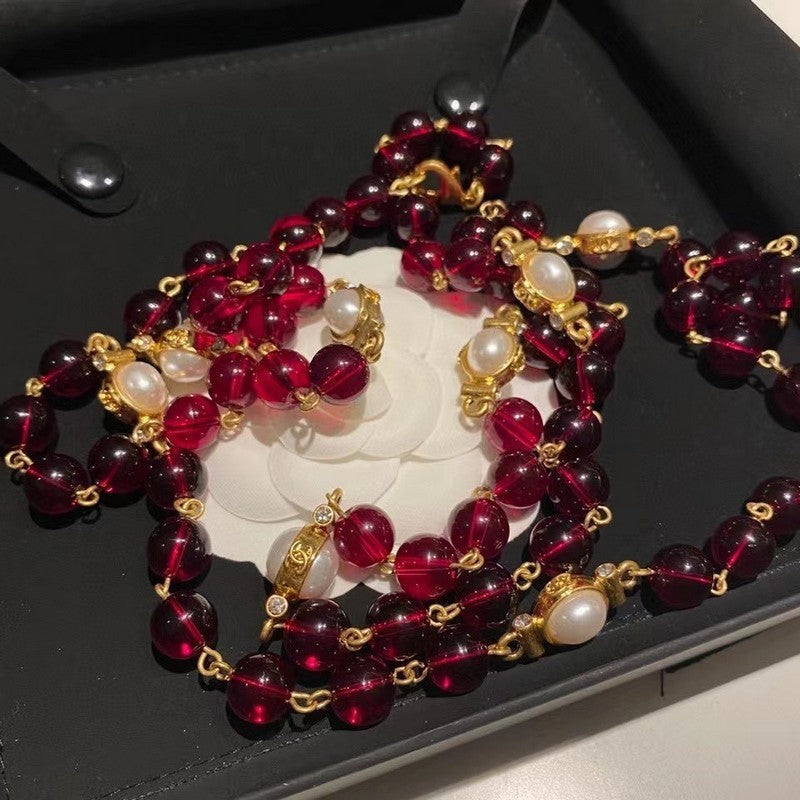 18K  Chanel Long Red & White Pearls Necklace