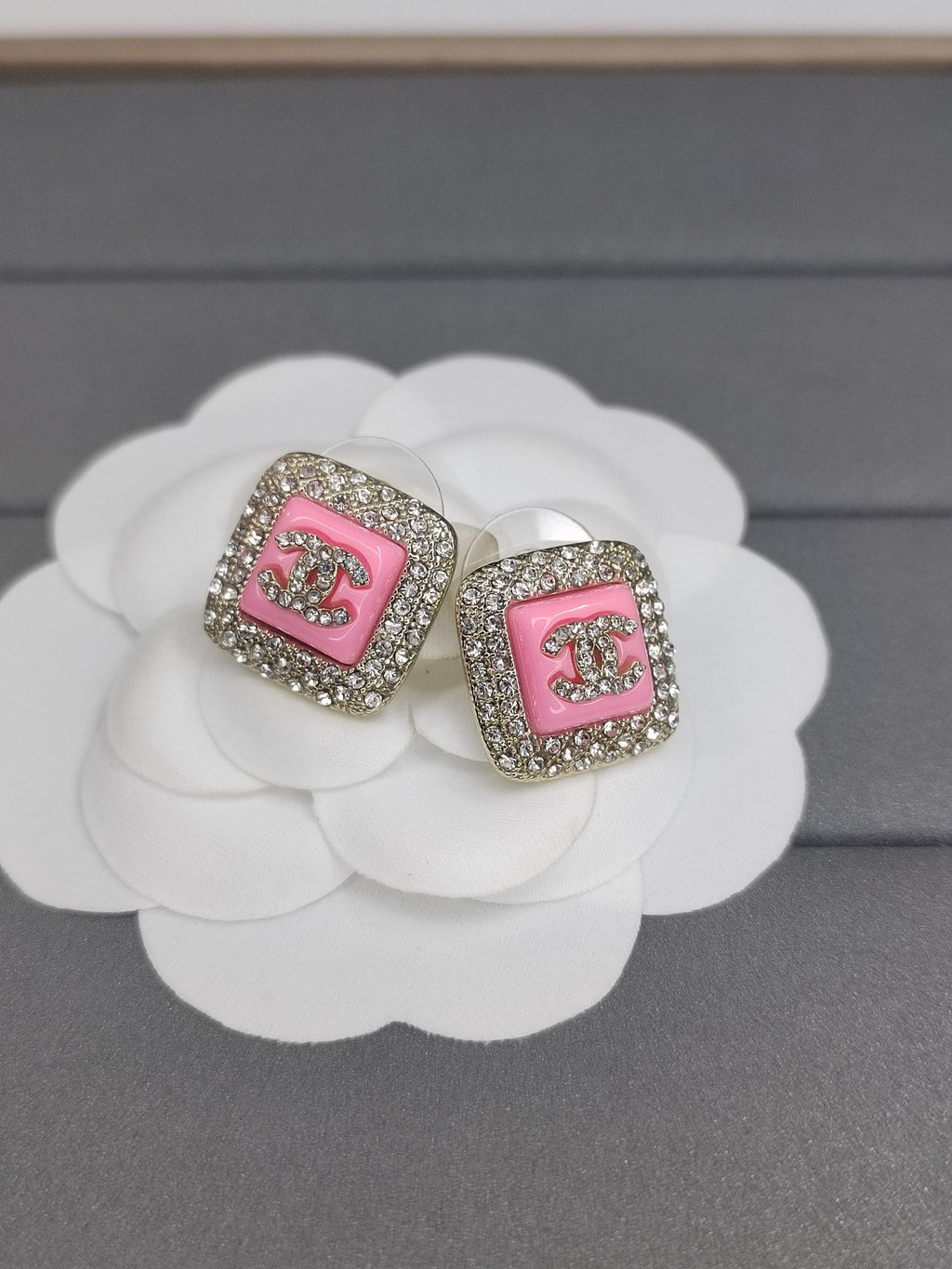 18K  Chanel Diamond Square Pink Earrings