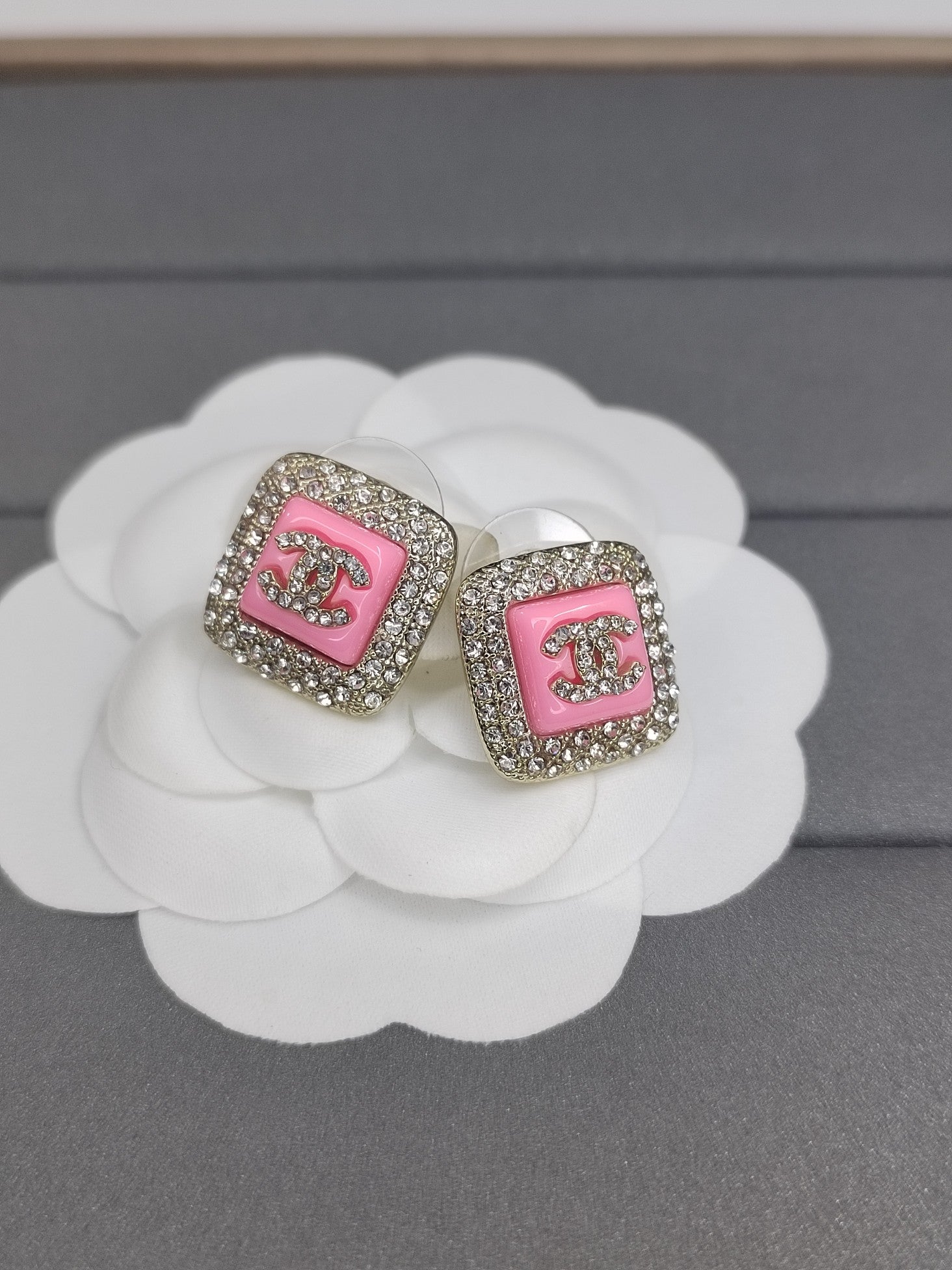18K  Chanel Diamond Square Pink Earrings
