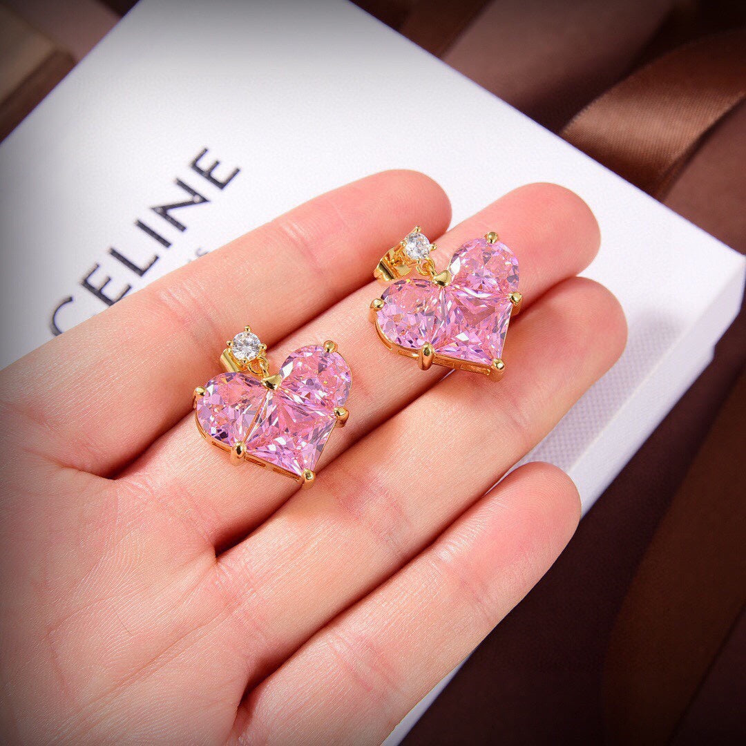 18K Celine Pink Crystal Heart Earrings