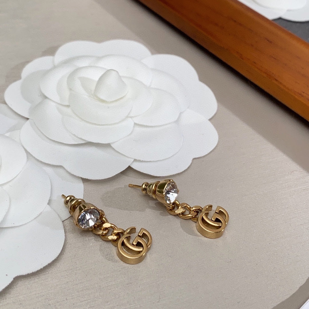 18K Double Gucci Crystal Chain Earrings
