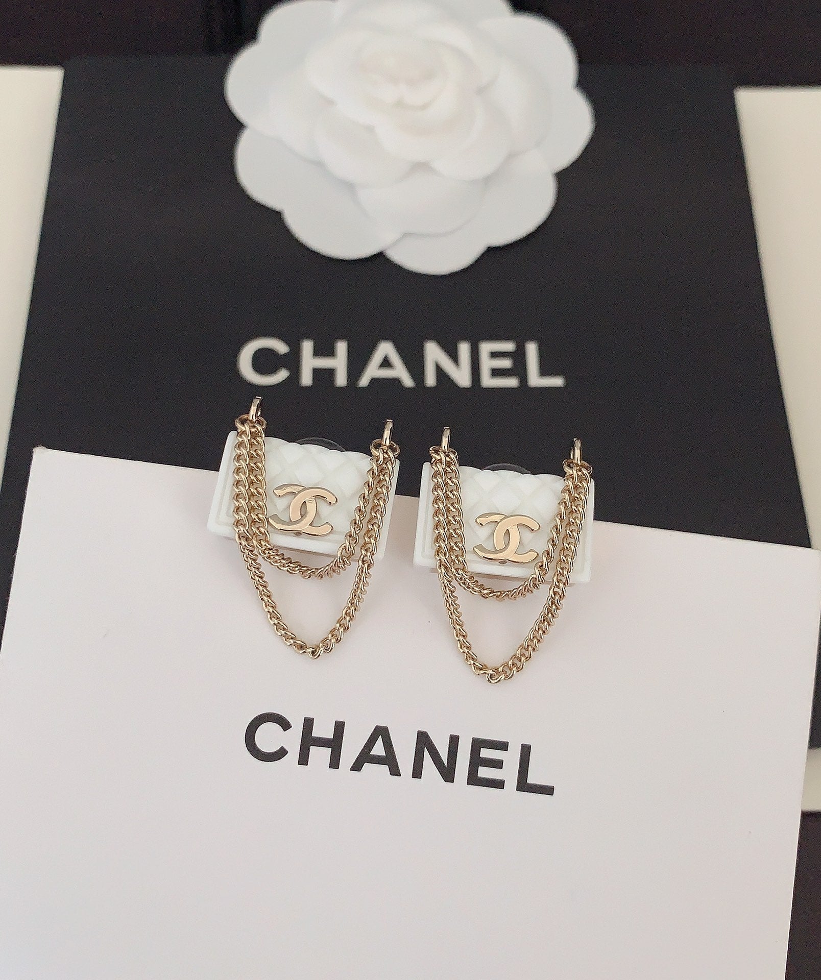 18K  Chanel White Bag Earrings