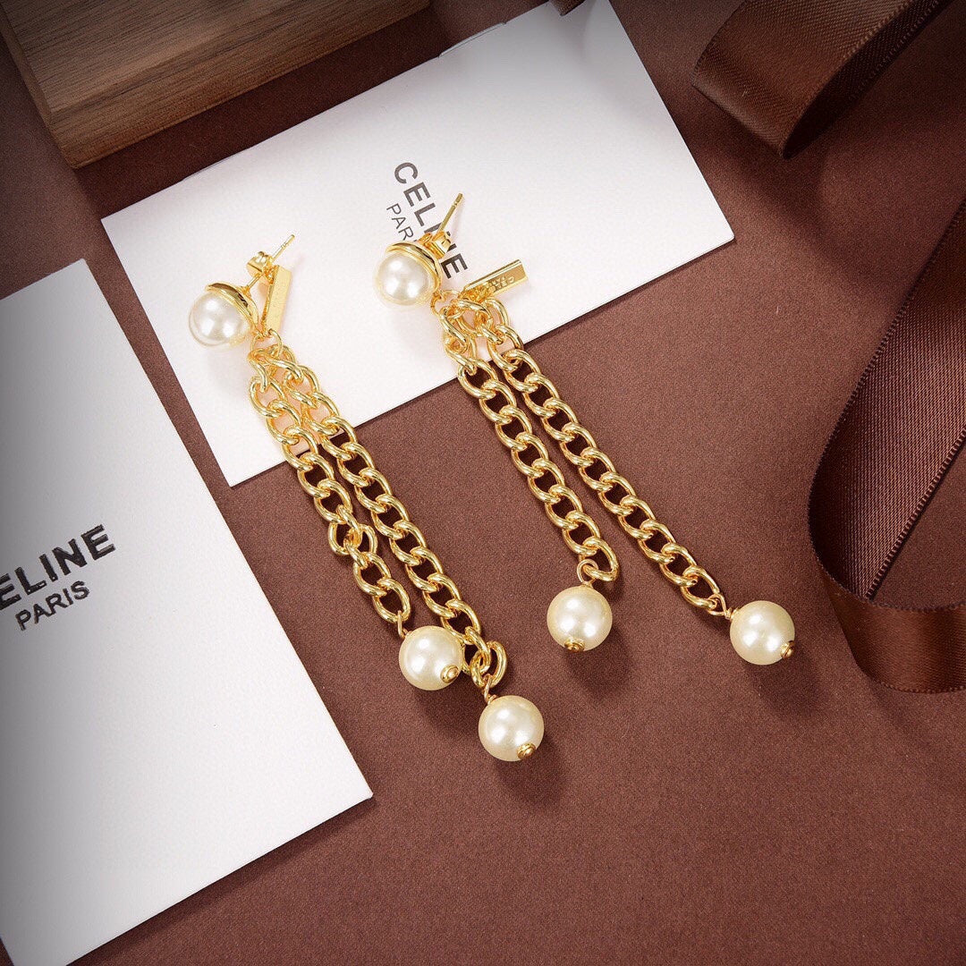 18K Celine Chain Pearl Earrings