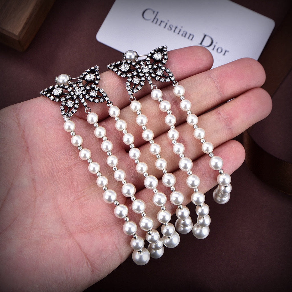 18K Dior Pearls Tassel Long Earrings