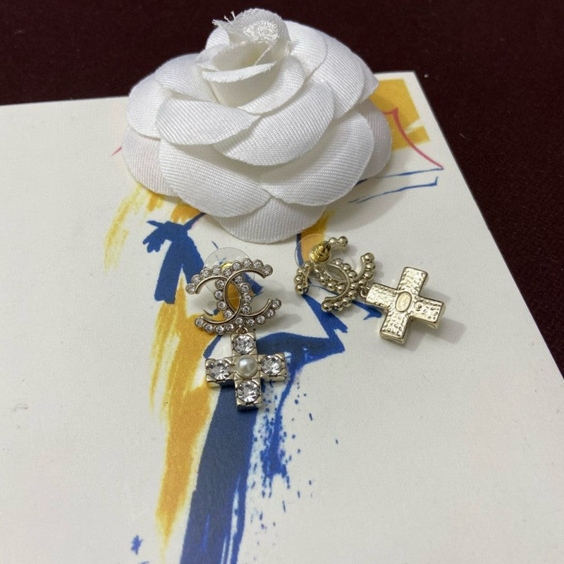 18K  Chanel Cross Pearl & Diamond Earrings
