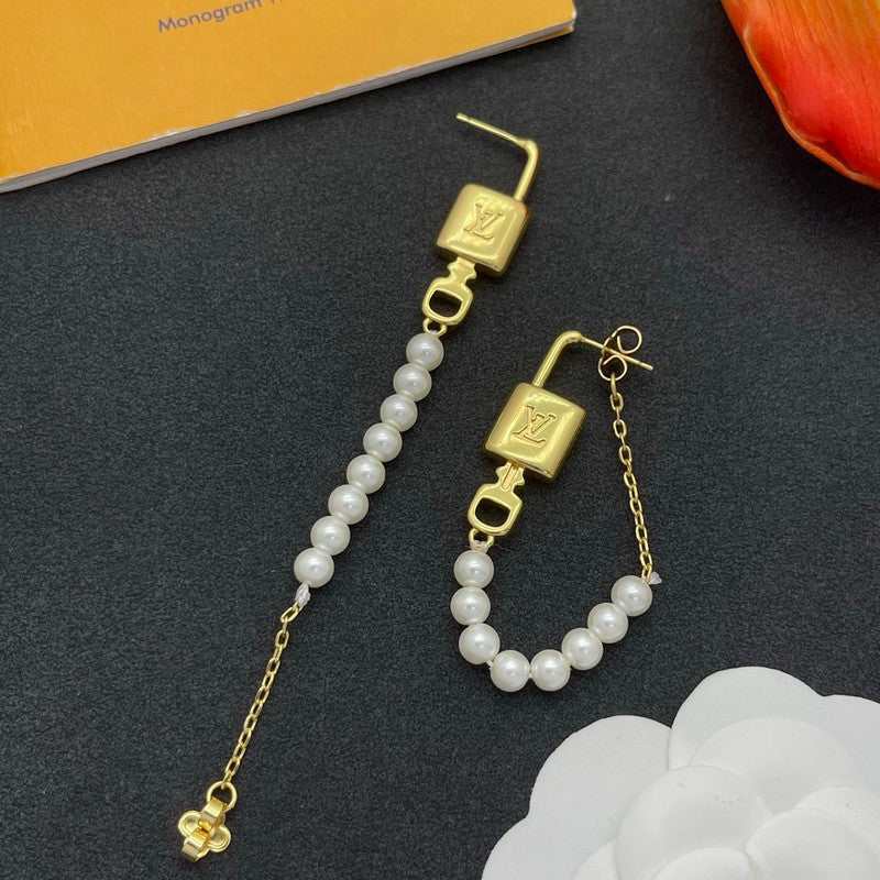 18K Louis Vuitton Pearl Lock Gold Earrings