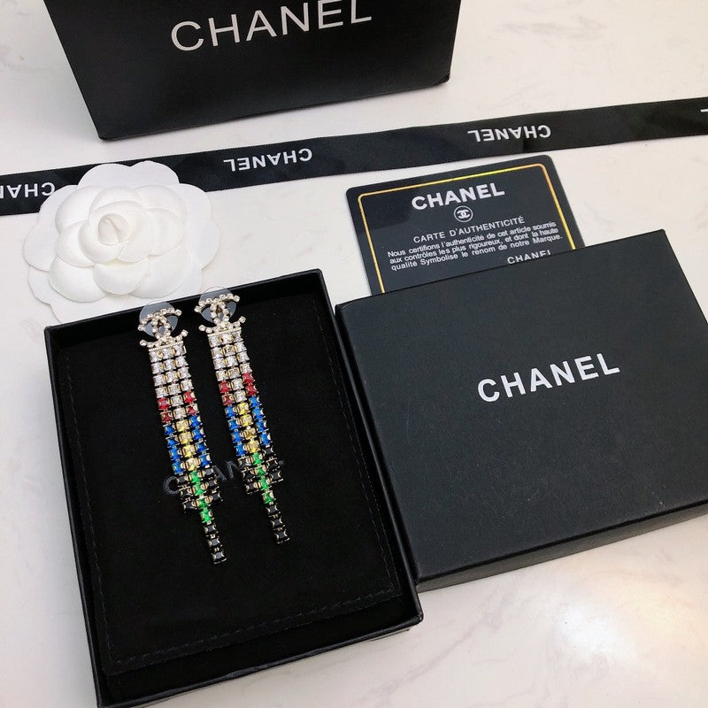 18K  Chanel Long Tassel Color Crystal Earrings