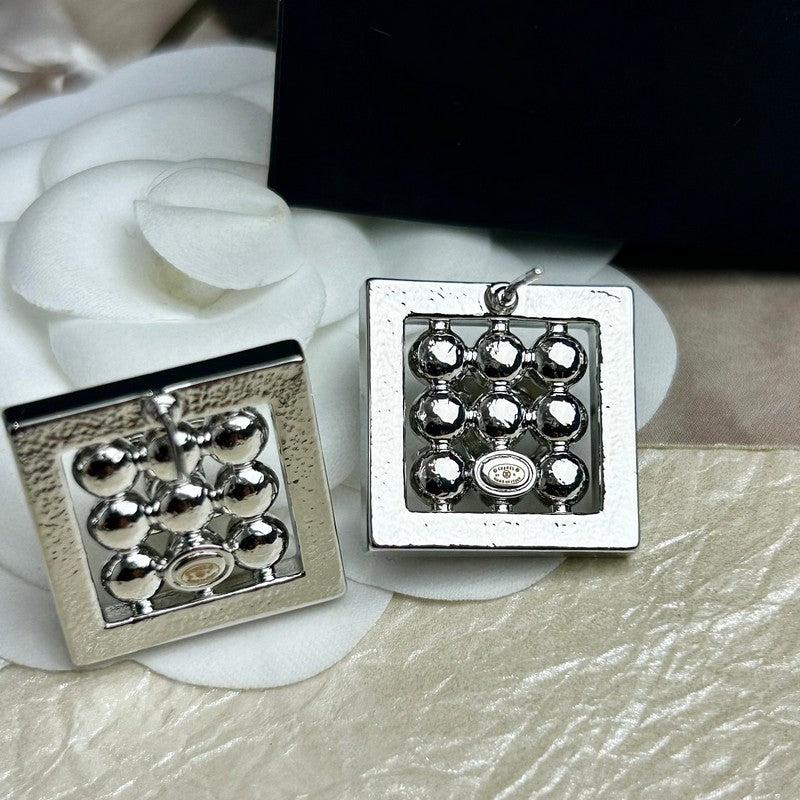 18K  Chanel Diamond & Pearl Square Earrings